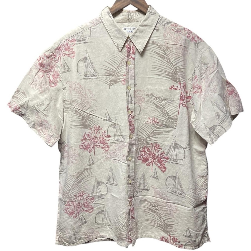 Hawaiian tropical boat floral graphic vintage 90s all over print button up shirt